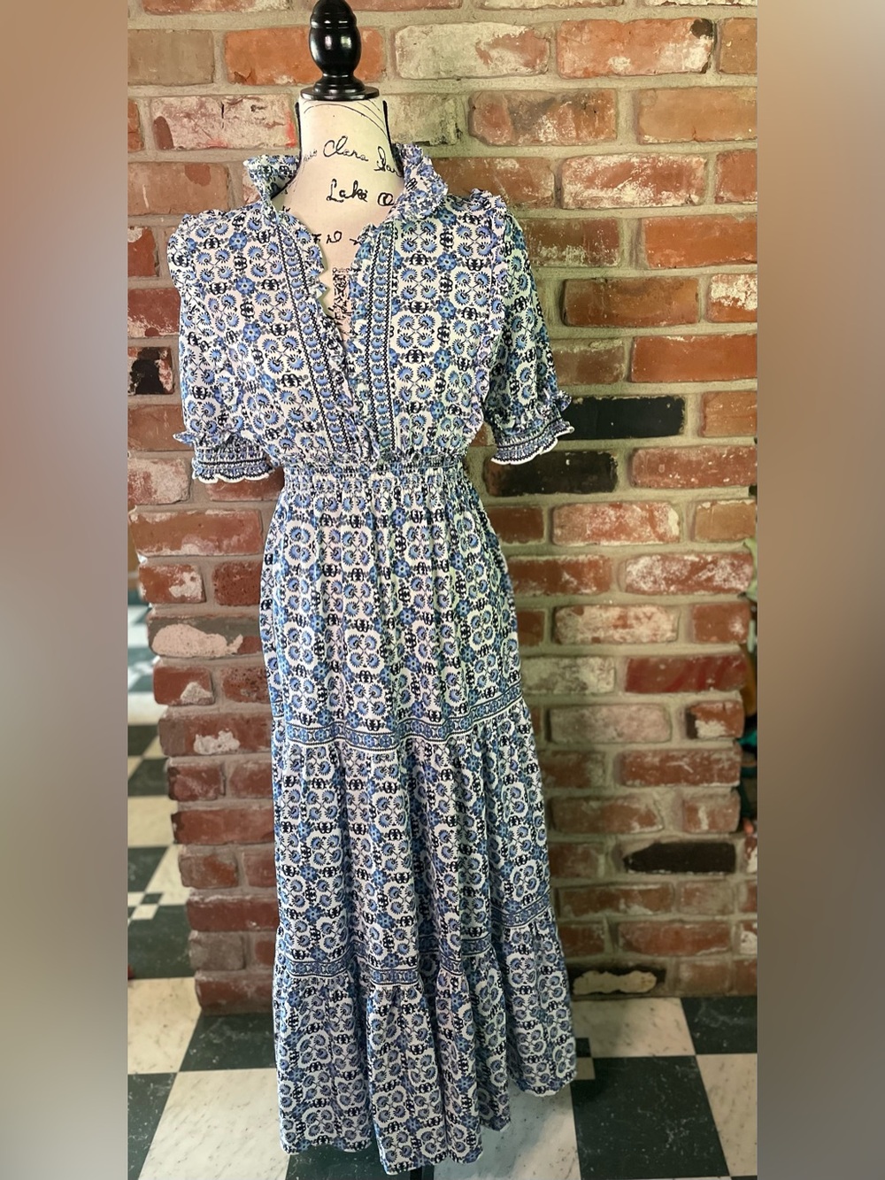 Max Studio Women Blue White Floral Smocked Tiered Maxi Dress Cottage-core Small